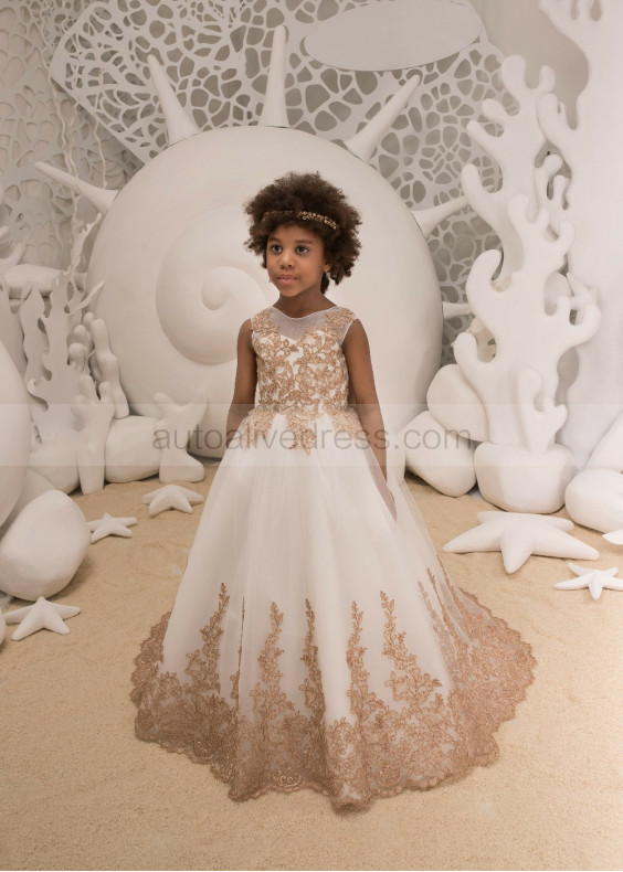 Ivory And Cappuccino Lace Tulle Corset Back Flower Girl Dress Ivory And Cappuccino Lace Tulle Corset Back Flower Girl Dress